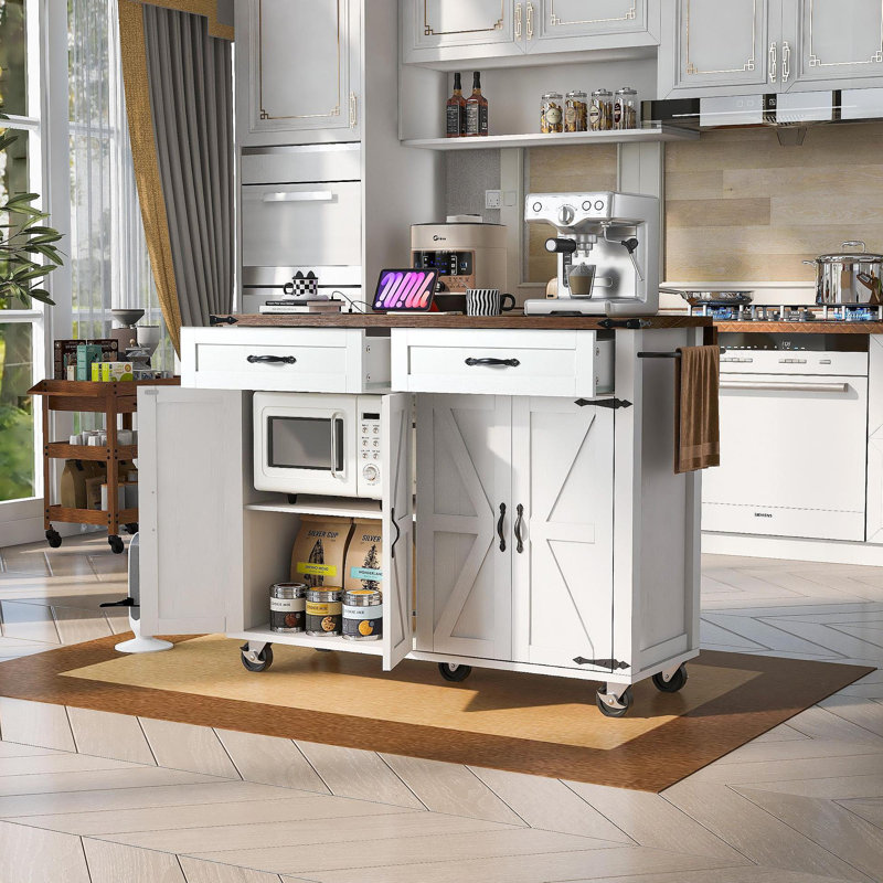 53.5''Farmhouse Kitchen Island with Power Outlet, Kitchen Storage Island with Drop Leaf, Spice Rack and Drawer, Rolling Kitchen Cart on Wheels, for Home, Kitchen and Dining Room, White
