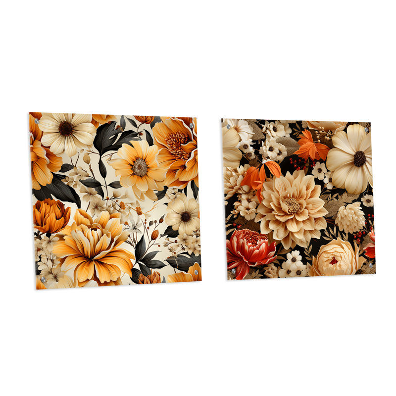 Motif de fleurs d'automne - ensemble de 2 peintures murales en acrylique, H 36 po x l 73 po