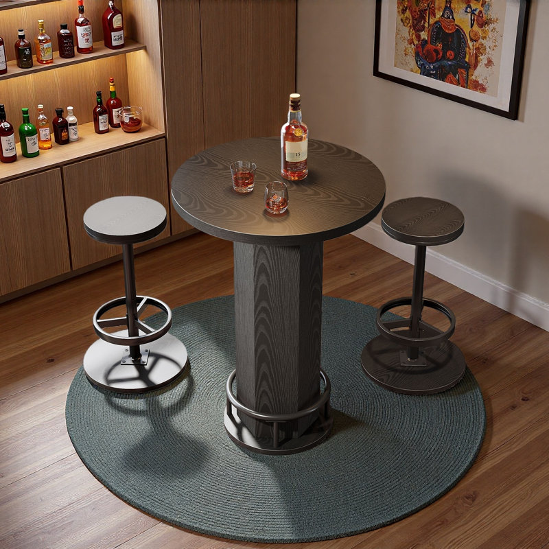 Round Bar Table Set, Farmhouse  Home Bar with 2 barstools, Black