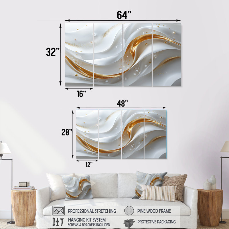 «White and Gold Fractal Marble Waves II», ensemble d'art mural spirales abstraites, H 28 po x l 48 po