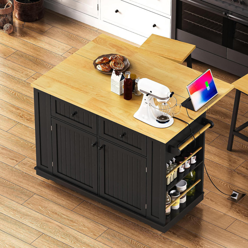 Grand îlot de cuisine de 48 pouces avec rallonge, prise de courant, support de rangement interne, chariot de rangement sur roulettes sur 5 roues avec 5 supports latéraux ouverts, pour la cuisine, la salle à manger, noir (sans les tabourets)