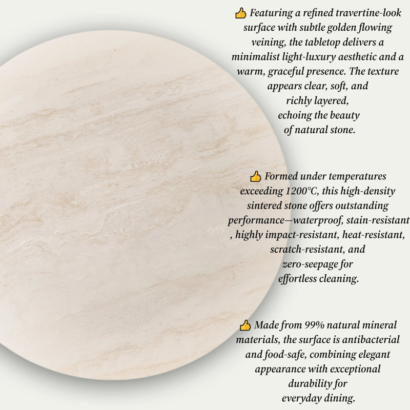   Matte Travertine Stone Top Dining Table For 4-8, Geometric Stable Pedestal Kitchen Table With Expanded Tray