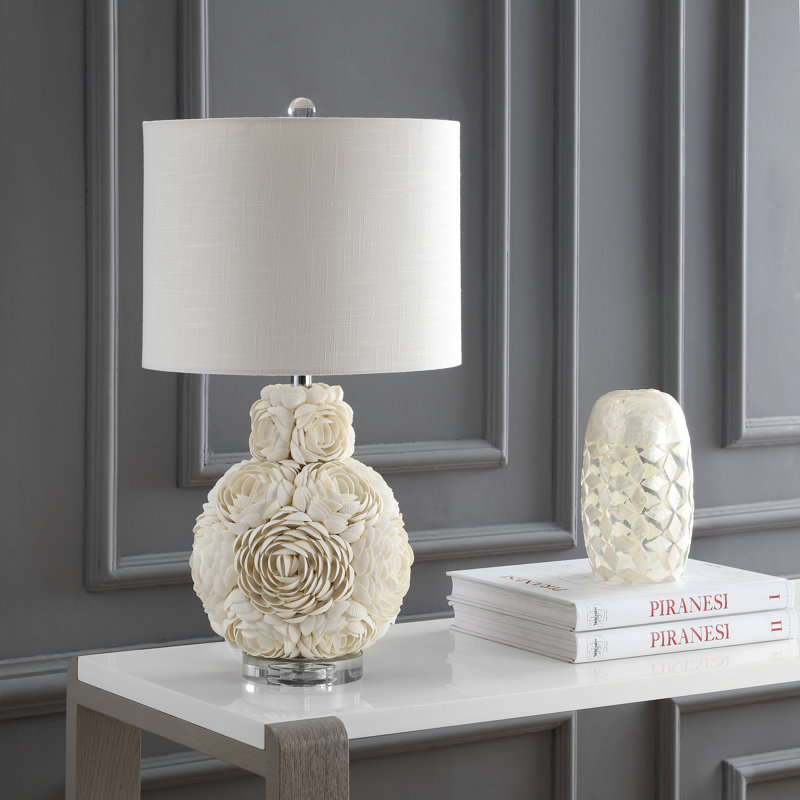 White Seashell Rosette Table Lamp with Cotton Shade