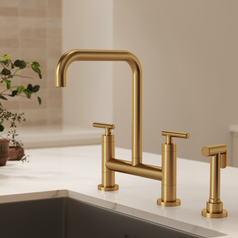 Bridge Kitchen Faucet with Swivel Spout, Kitchen Faucet with Side Spray, Brushed Gold