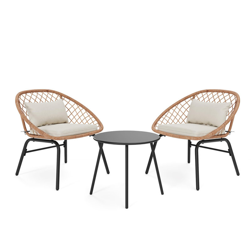  Ensemble bistro 3 pièces en osier avec coussins, ensemble de conversation pour patio toutes saisons avec 2 chaises et table basse, tissage à losanges