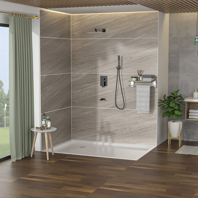 Shower System In Matte Black With Waterfall Tub Spout Feature - 12 Inch Ceiling Mount Square Rainfall Head, Handheld Shower, Valve, Easy Installation & Hygiene Maintenance Routines Mounted Attachment