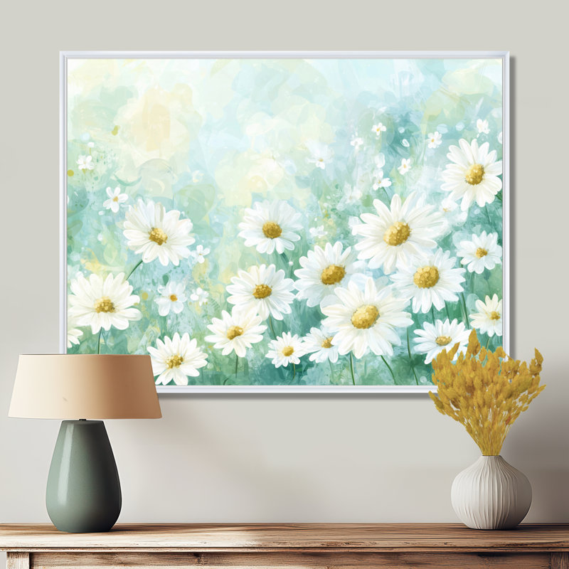 Daisy Field Charm In Summer II - Daisy Wall Art Living Room, 30" H x 40" W, Floater Framed Print, White