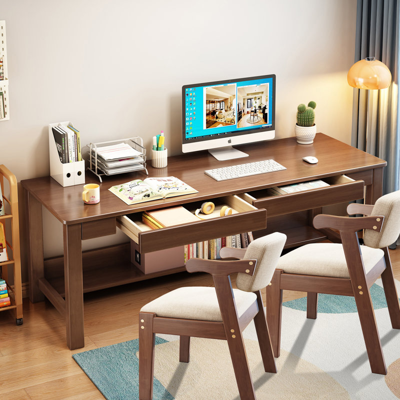63" Solid Wood Kids Writing Desk Rectangular Learning Computer Table with 2 Chairs, Brown