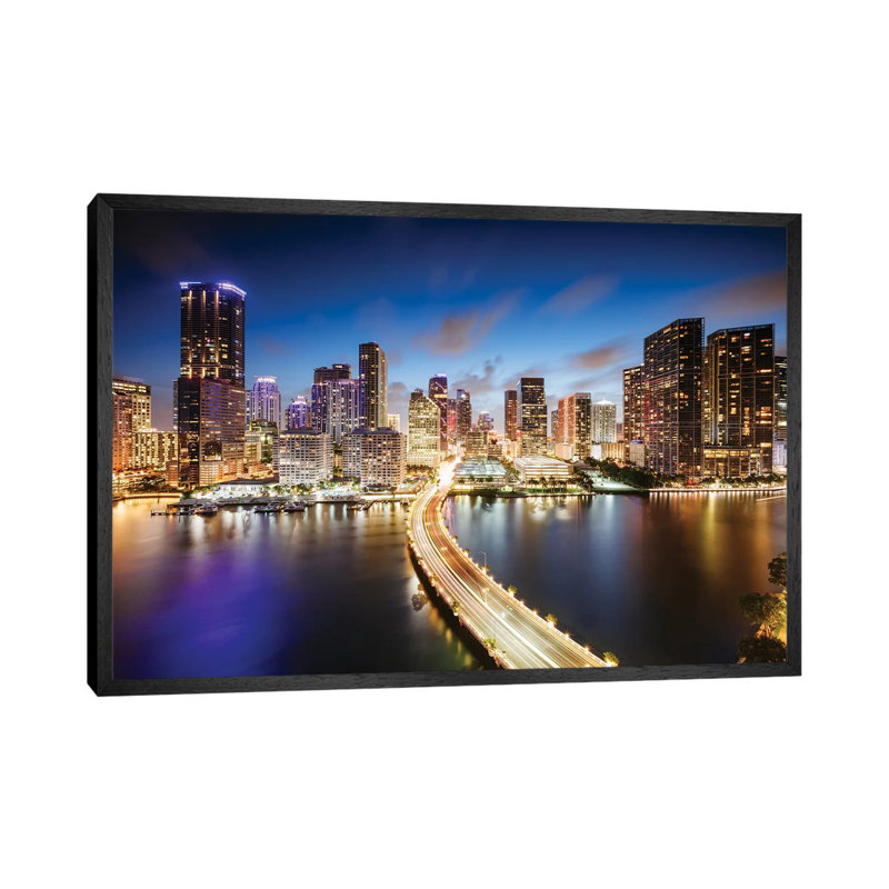 Miami Skyline At Night I by Matteo Colombo - Painting on Canvas, 66.04 cm H x 45.72 cm W, Black Framed