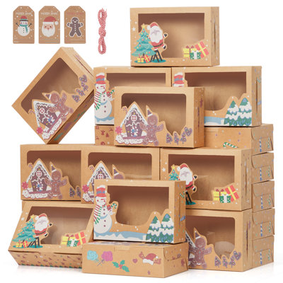 Paquet de 24 boîtes à biscuits de Noël pour cadeaux, boîte de boulangerie de Noël avec fenêtre, grande boîte de cuisson Kraft avec couvercle pour pâtisseries