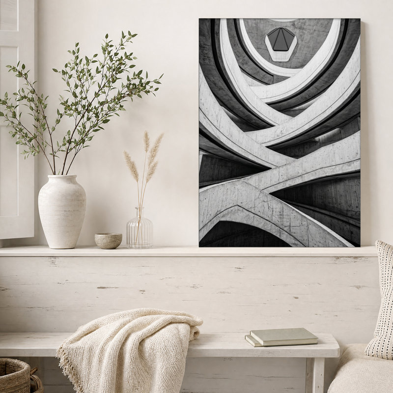Architecture de rampe en béton en spirale, tableau sur toile noir et blanc, H 18 po x l 12 po