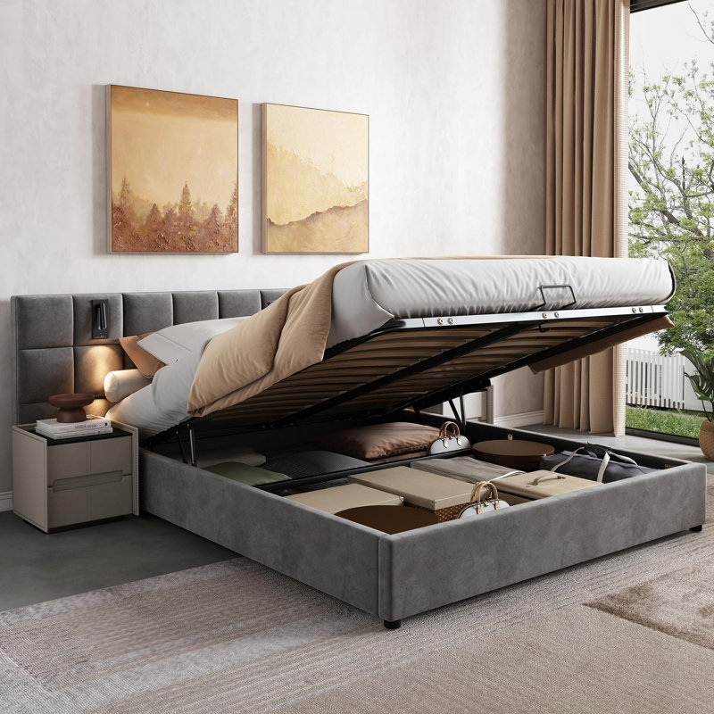 Platform Bed Frame With Wide Headboard, Reading Lamp And Usb Port, Kingsize (5')