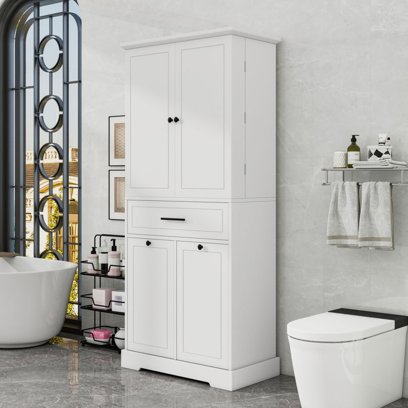 Armoire de rangement autoportante avec tiroir, tablette réglable et panier à linge inclinable