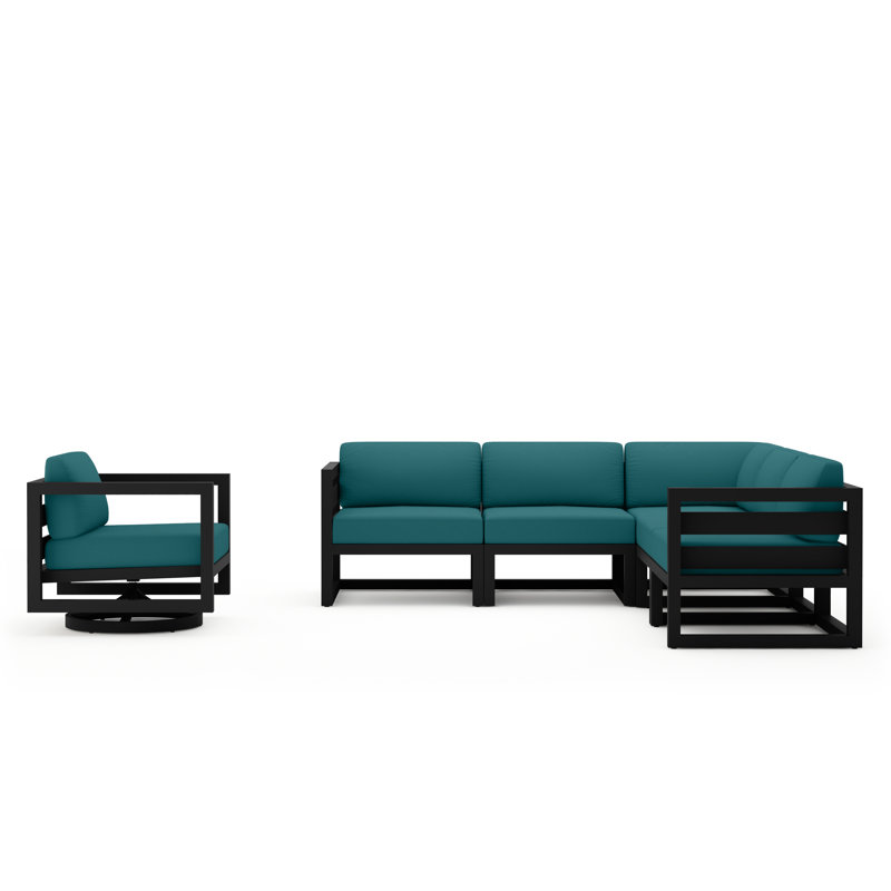 Avion 6 Piece Sectional Set With Swivel, Black, Spectrum Peacock Sunbrella® Plainweave
