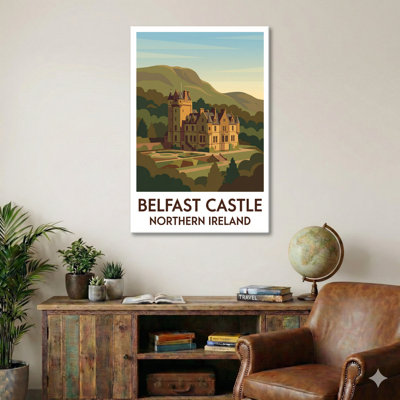 Belfast Castle, Northern Ireland - Romantic Travel Poster of the Castle on Cave Hill. Giclee Print on Wrapped Canvas. Wall Art, Home Decor - Castles & Palaces, Northern Ireland 1 Piece Wrapped Canvas Wall Art