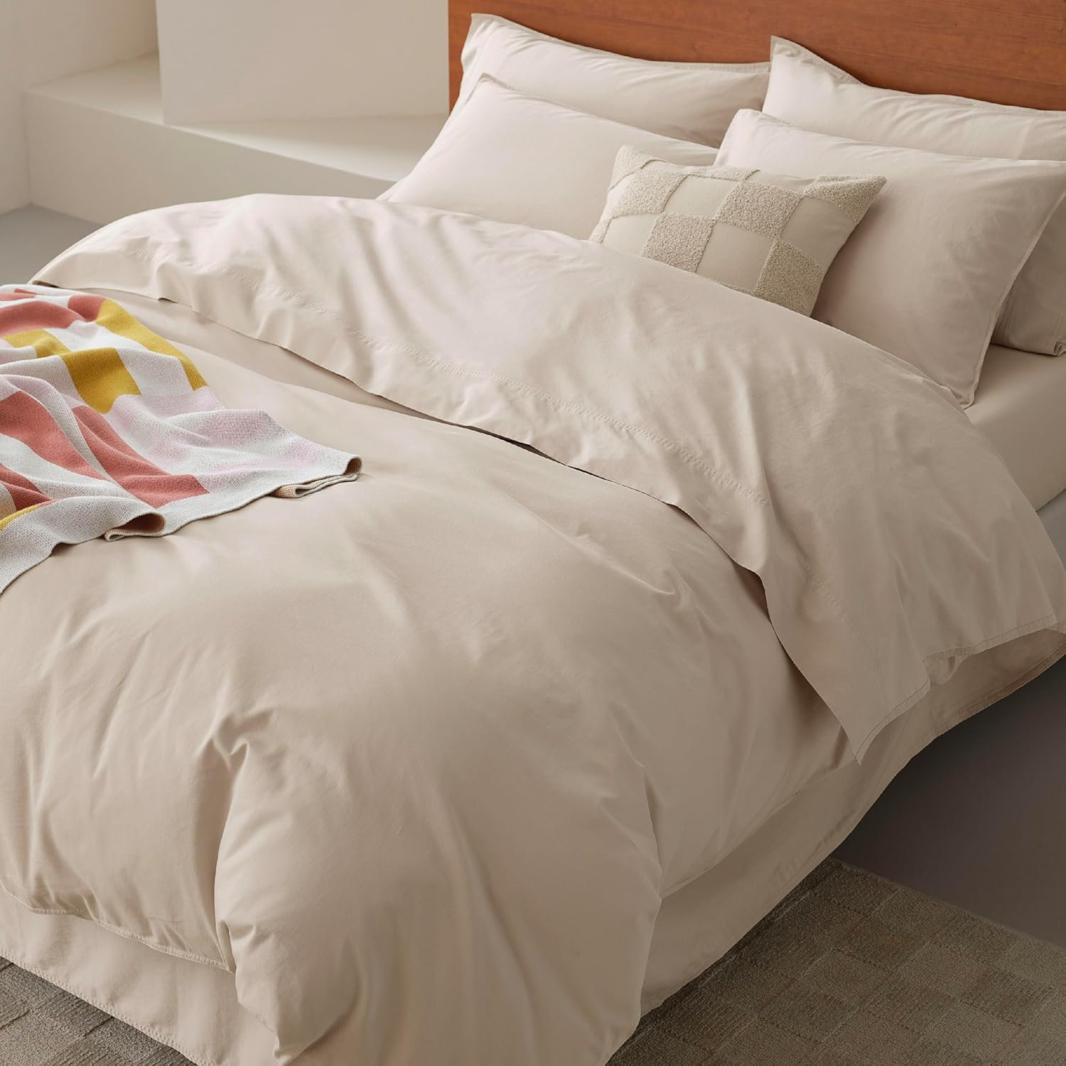 Double Stitch Cotton Duvet Cover Set, King Duvet Cover + 2 Pillow Shams, Warm Greige