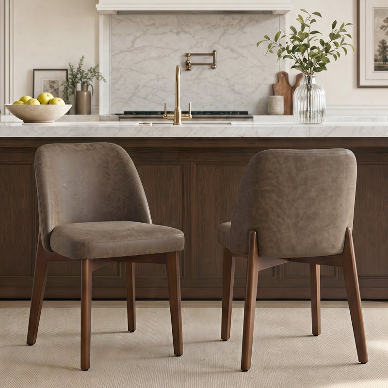 Ensemble de 2 chaises de cuisine modernes en similicuir l 20,3 po avec pieds en bois massif faciles à nettoyer, Marron foncé