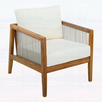Outdoor Club Chair, Acacia Wood Frame with Rope Back, Water-Repellent Beige Cushions for Patio and Backyard, Teak Finish