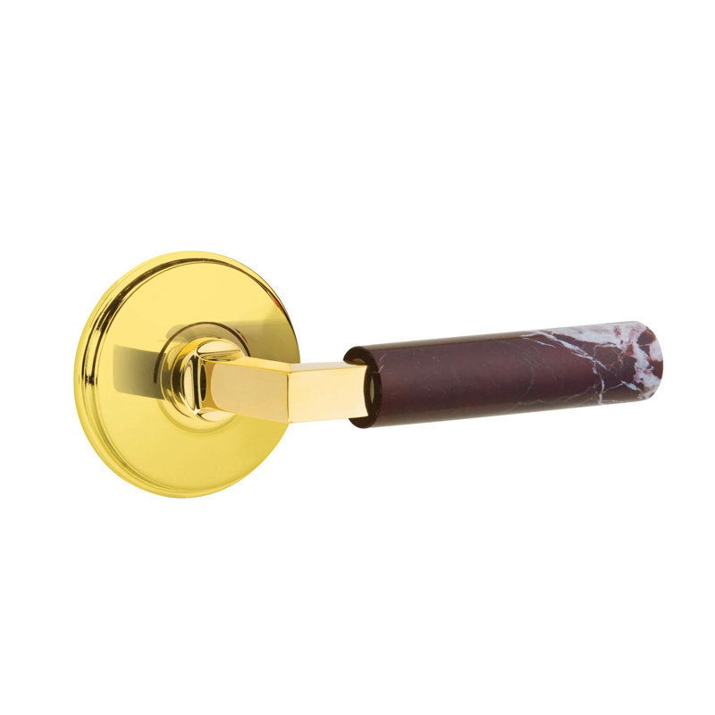Emtek Select Passage Leverset w/ Watford Rosette & L-Square Stem, Rosso Levanto Marble Lever (CF), Unlacquered Brass