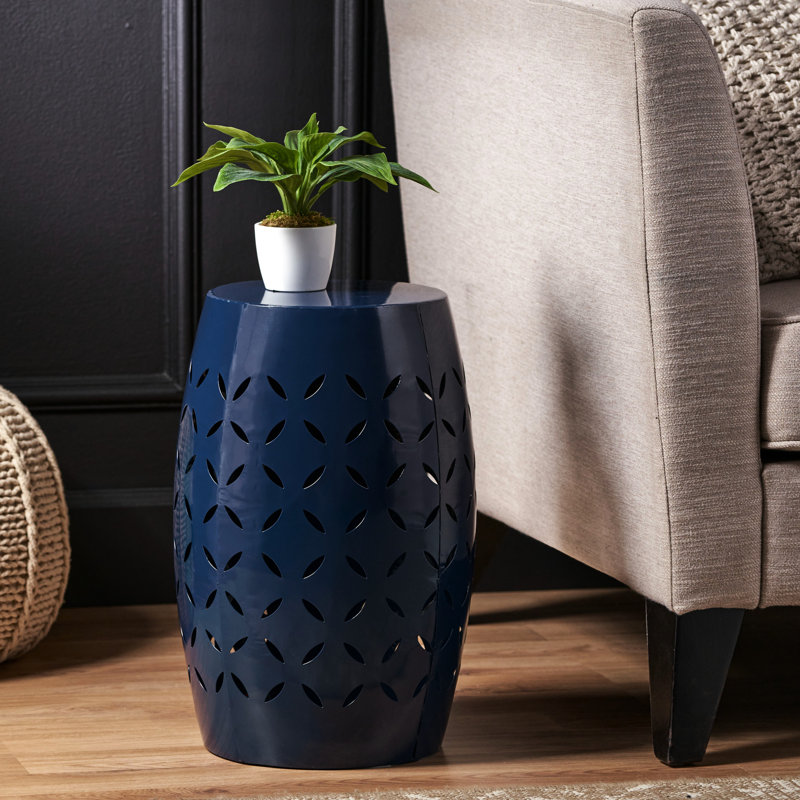 12.37" Square Dark Blue Iron Lace Cut Side Table, 17.27" High, For Patio And Garden Decor, No Assembly 12.37in X 17.27in, Fascinating,