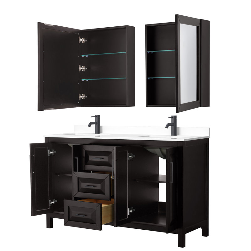 Daria 60'' W Double Vanity, White Cultured Marble, Dark Espresso, Matte Black