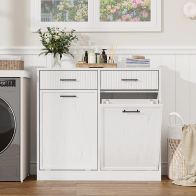 Armoire à linge double inclinable avec panier amovible imperméable, armoire à poubelle autoportante de 20 gallons avec tiroir, panier à linge inclinable en bois moderne pour salle de bain et cuisine, blanc