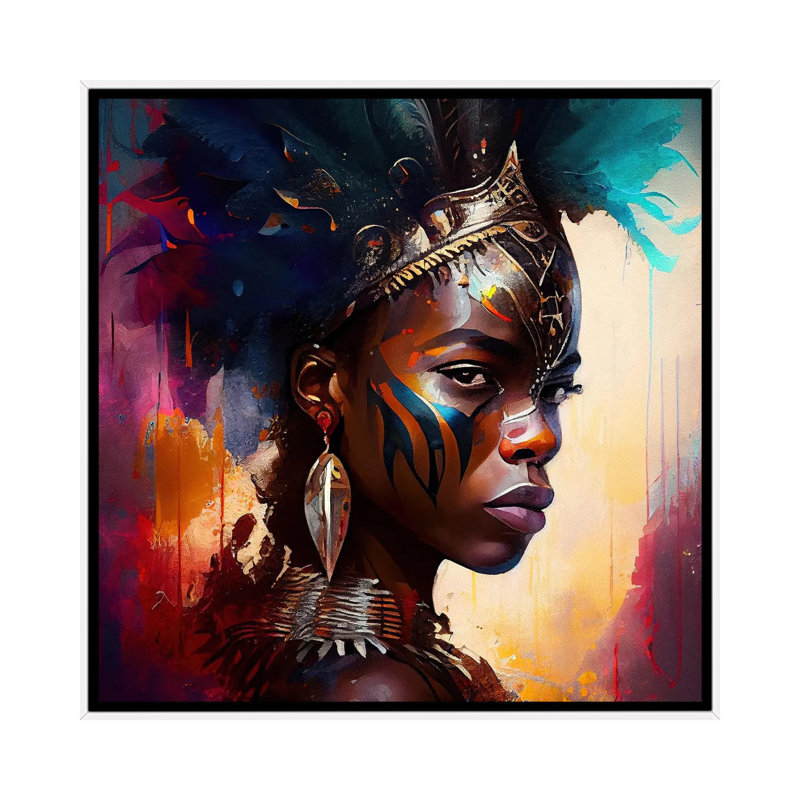 Femme de guerre puissante d'Afrique IV, Toile encadrée flottée blanche, H 18 po x l 18 po x P 1,5 po