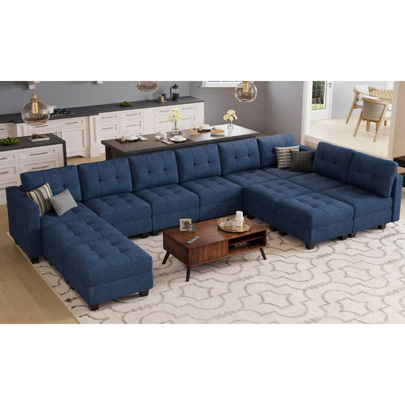 Grand canapé modulaire modulaire en U en mélange de polyester avec rangement 169,4 po Ashbury Ivery, Mélange de lin bleu
