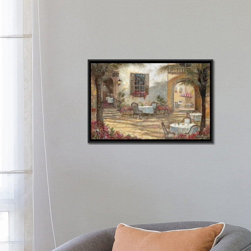 «Courtyard Ambiance» par Ruane Manning - reproduction d'art, H 18 po x l 26 po x P 1,5 po, Toile avec cadre noir, Aucun mat