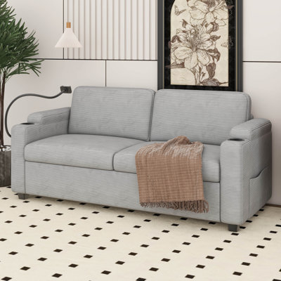 Canapé coulissant en velours côtelé de 72,8 po avec matelas pleine grandeur, futon avec ports USB, porte-téléphone et porte-gobelets, poches latérales, petite causeuse