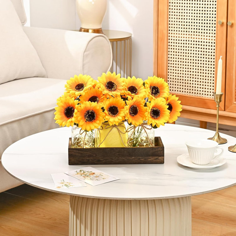 3-piece Sunflower Mason Jar Centerpiece With Wood Tray
