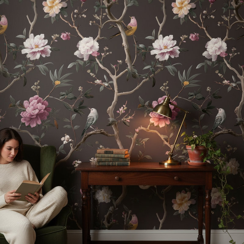 Papier peint floral rétro avec oiseaux