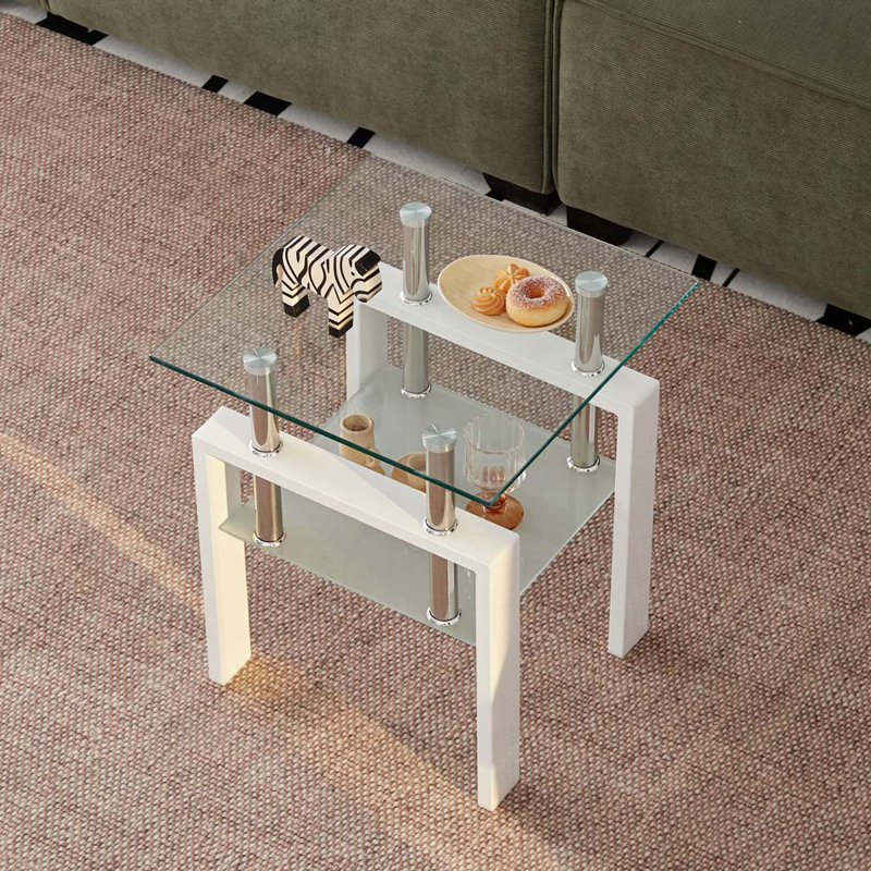 Table de bout en verre trempé transparent, petite table avec rangement 2 couches
