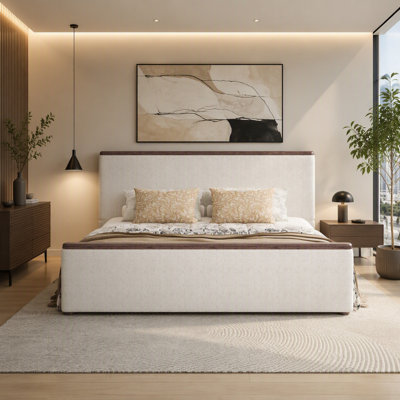 Upholstered Platform Bed with Wood Decoration