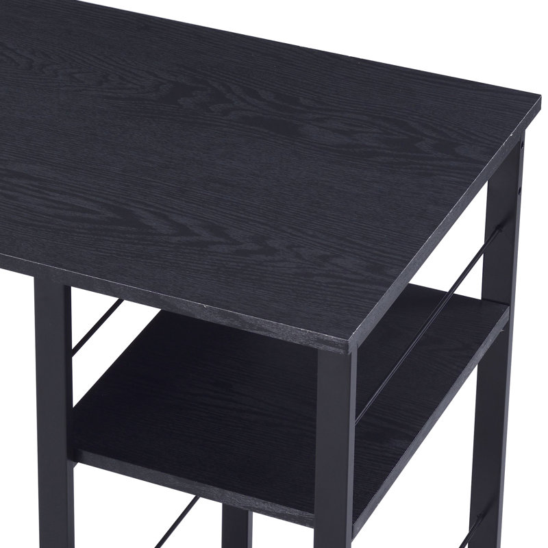 Rectangular Desk In Black, With 2 Tier Shelf And Stable Metal Open Base For Office Black Shelf, A Modern Work Area