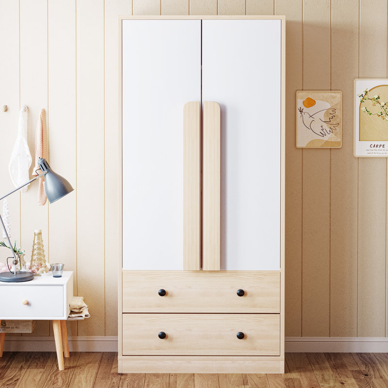 2 Door Wardrobe, White/Light Brown