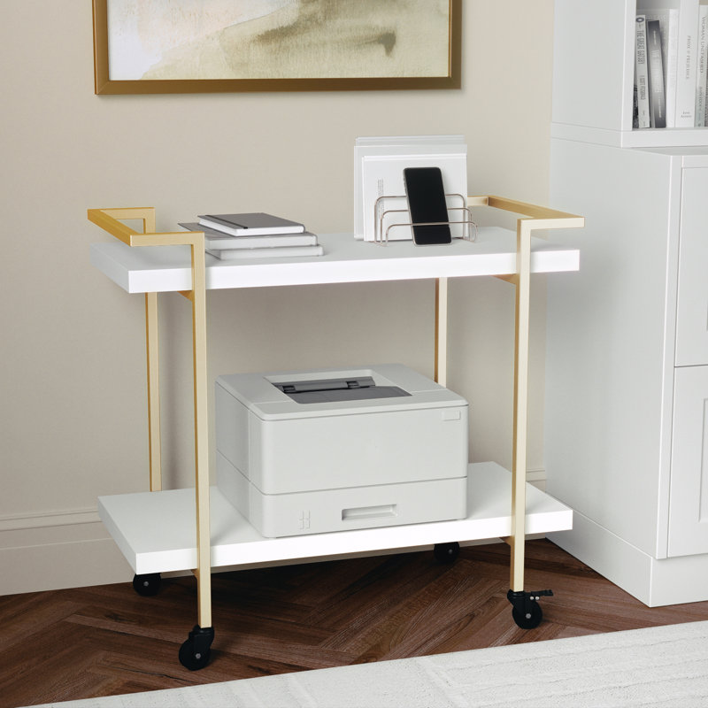 White and Brass 2-Tier Mobile Office Printer Cart