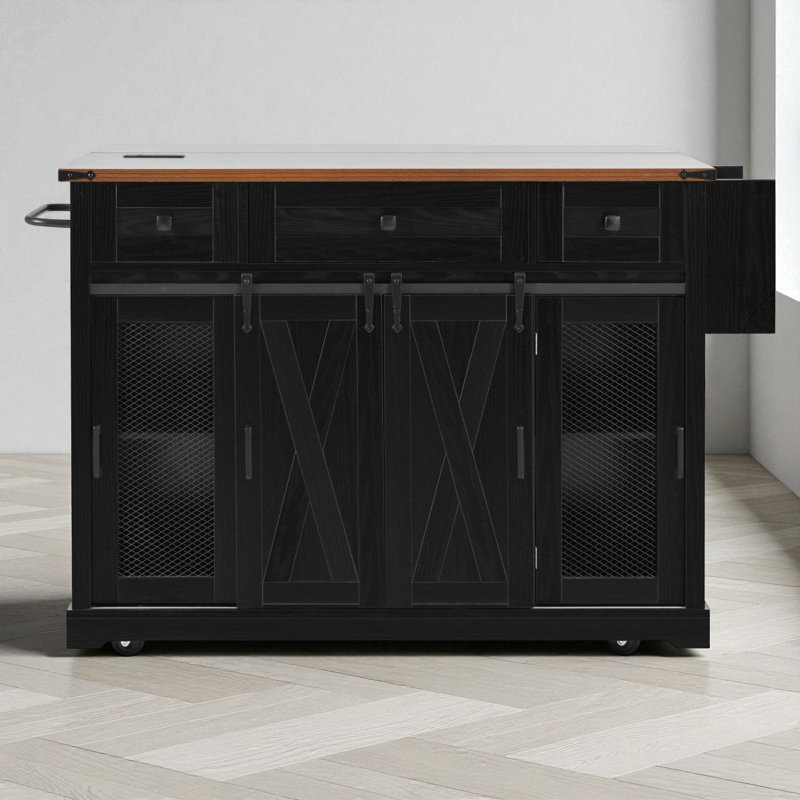 58" Wide Kitchen Island With Drop Leaf, Ash Black
