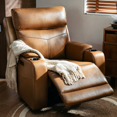 Genuine Leather Zero-Wall Power Recliner with Adjustable Headrest, USB & Type-C Charging Ports