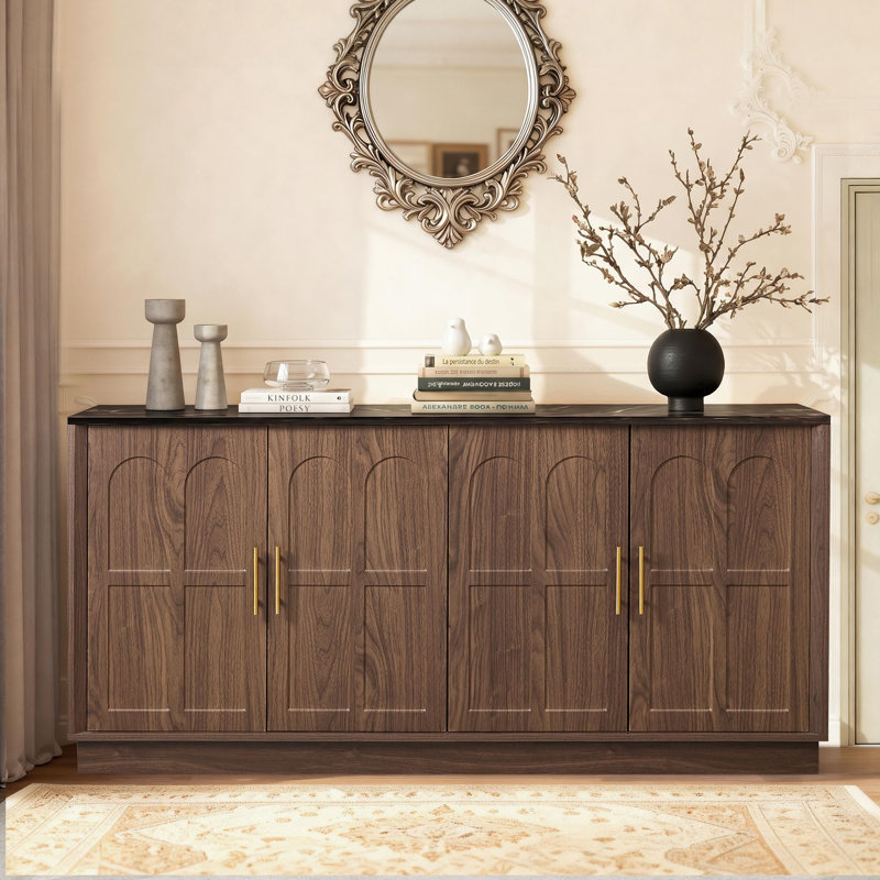 Buffet 66,5 "en bois moderne avec portes arquées pour la salle à manger et le salon, Noyer / marbre noir