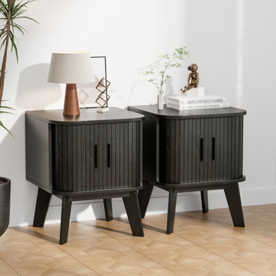Night Stand Set of 2, Fluted Side Table with Storage and Sliding Door, Wood Square Accent Cabinet with 4 Legs, End Bedside Table for Bedroom, Living Room