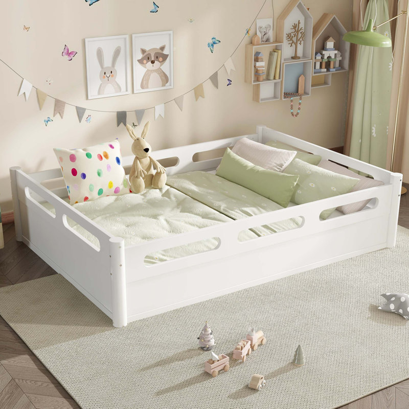 Low Profile Floor Platform Bed with Built-In Guardrails, White