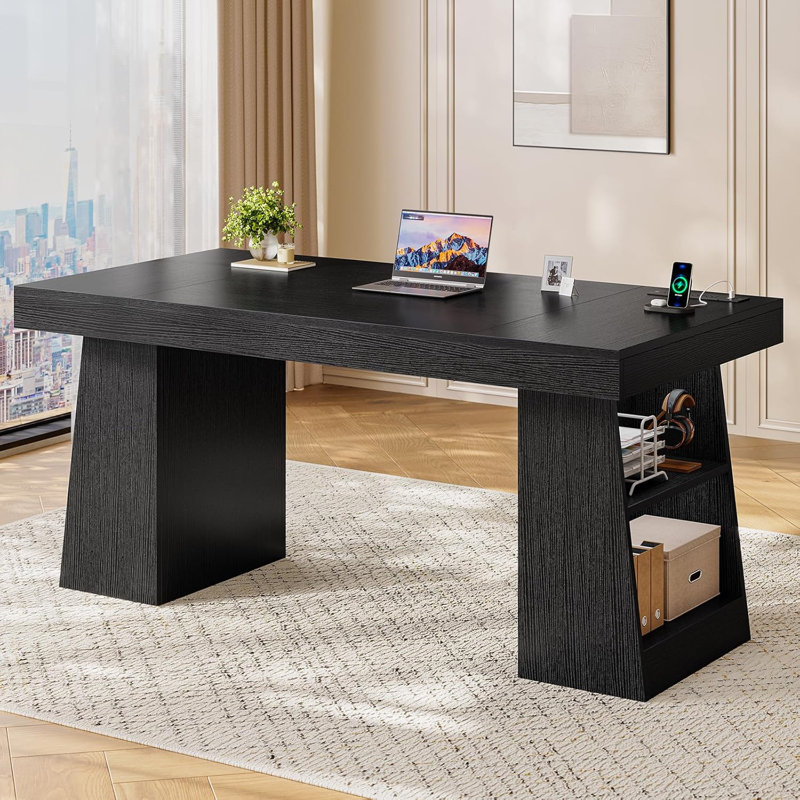 55.9” Executive Desk, Modern Home Office Desk With Power Outlets And Storage Shelves, Small Conference Table, Black