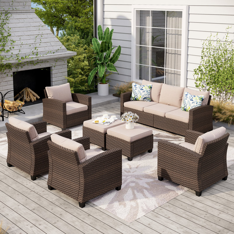 Ensemble de conversation pour patio en osier 9 personnes Salem, Coussin Pro Performance, toile beige, Non