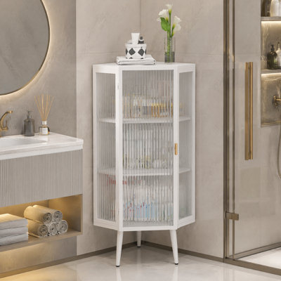 Meuble de coin autoportant 3 portes de 56,5 cm (22,25 po), porte en verre trempé et étagères de rangement pour salle de bain, salon, chambre, blanc