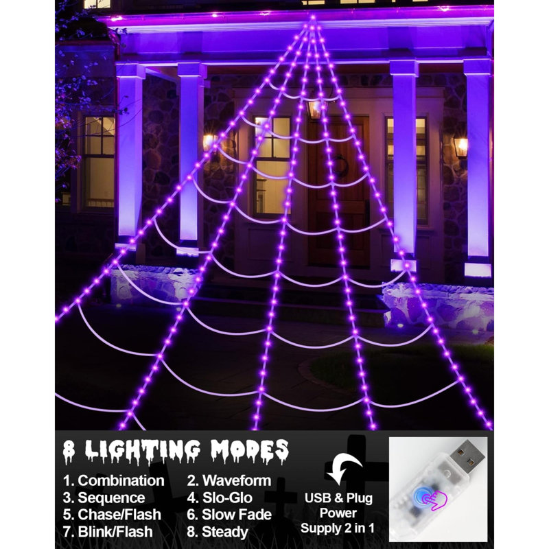 Toile d'araignée plus brillante, décorations d'Halloween, 250 lumières DEL mauves, toile d'araignée géante 16,4 pi 8 modes avec télécommande, imperméable et minuterie, décoration d'Halloween pour l'extérieur