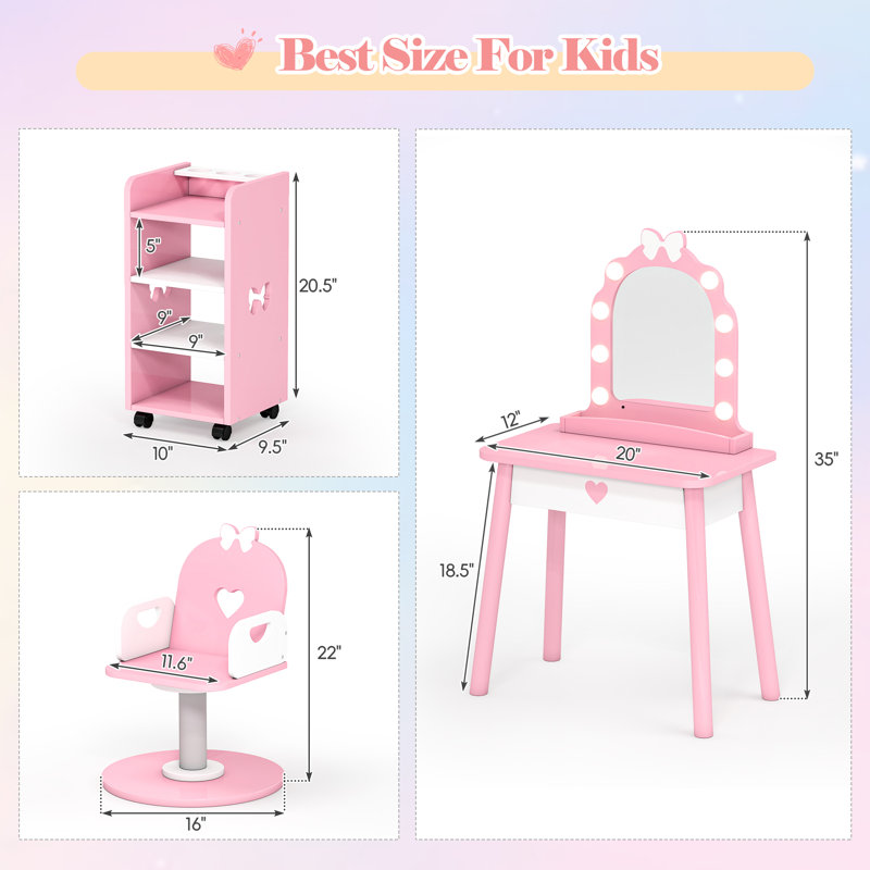 Three-piece set Kids Vanity Set With Storage Shelf And Hair Salon Play Set, Pink