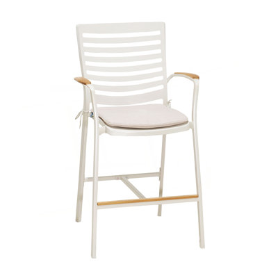 Isora Outdoor Patio Aluminum Barstool In Light Matte Sand With Natural Teak Wood Accent