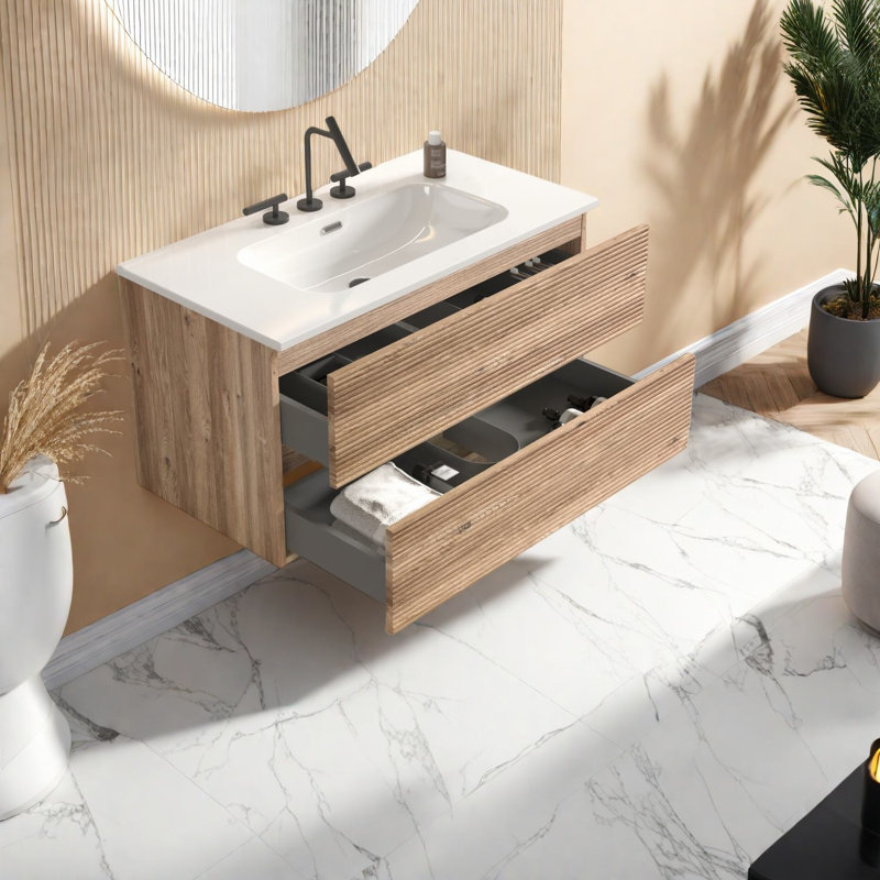 Meuble-lavabo moderne en chêne avec lavabo en céramique, grand espace de rangement