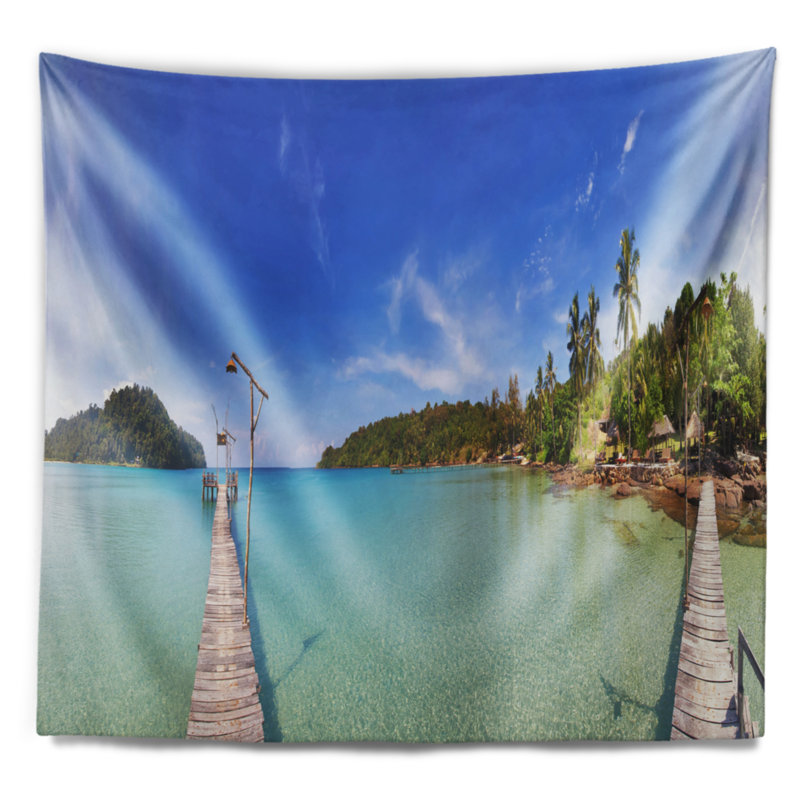 Paysage avec piliers et palmiers sur une tapisserie insulaire, H 78 po x l 92 po